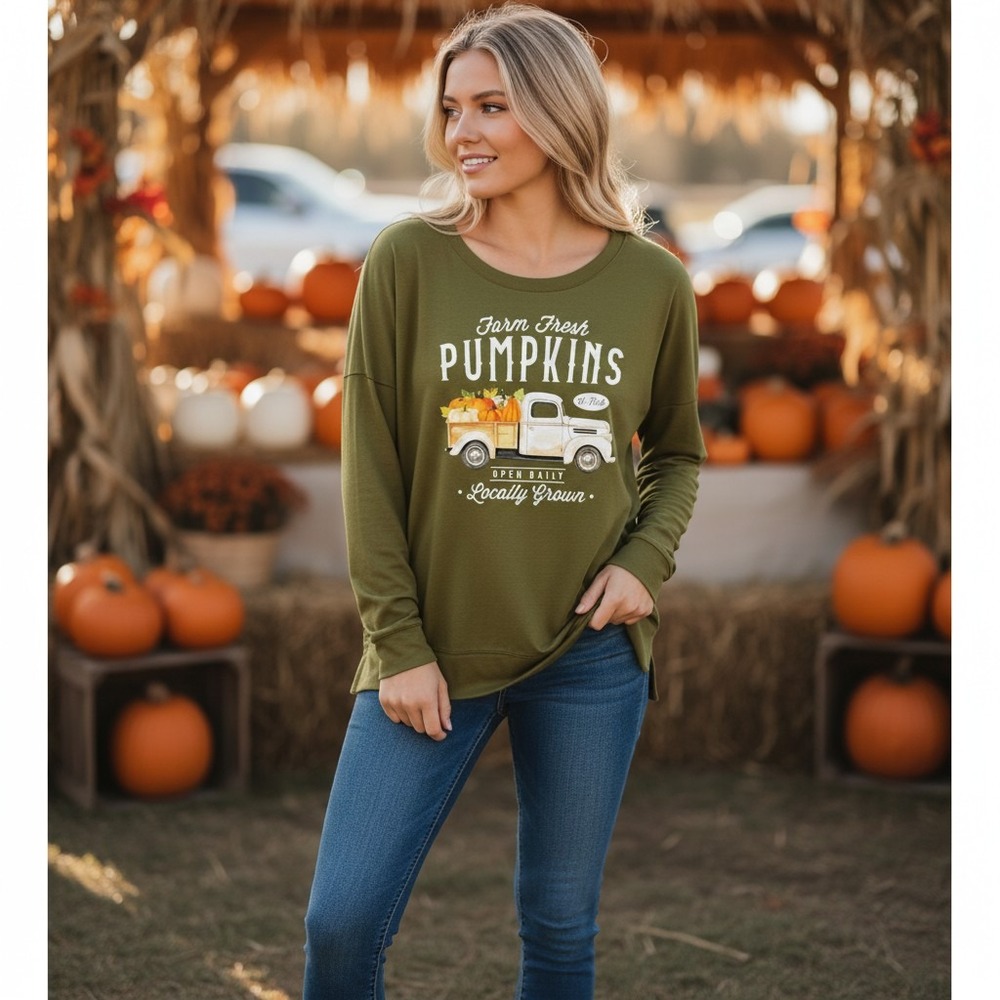PositiviTees Farm Fresh Pumpkins Graphic Jersey T Olive Green XXL Fall Truck